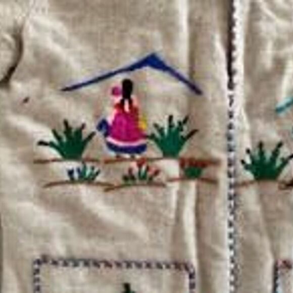 Vintage Lopez Mexican Wool Open Tourist Coat Jacket Yarn Embroidered Tan Sz S/M - Picture 2 of 12